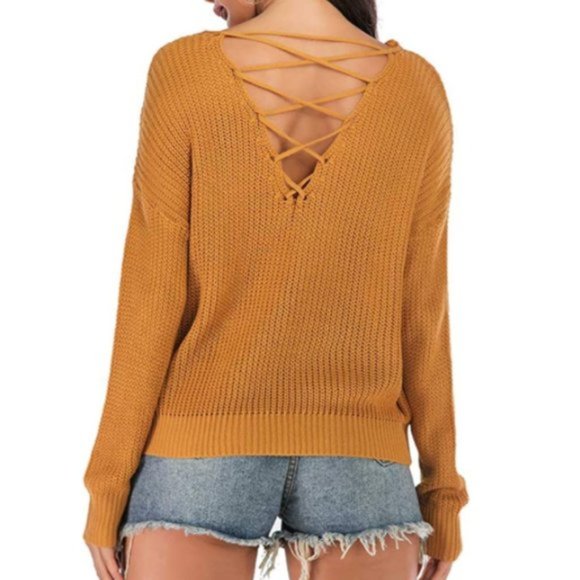 NWT Ribbed Mustard Lattice Back Thick Knit Sweater - Picture 3 of 5